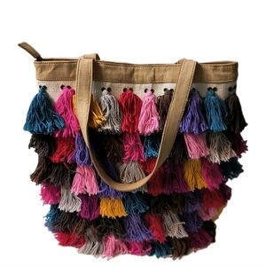 Noonday Collection Tassel Tote Bag Multi-Color Fringe Bohemian Canvas Leather